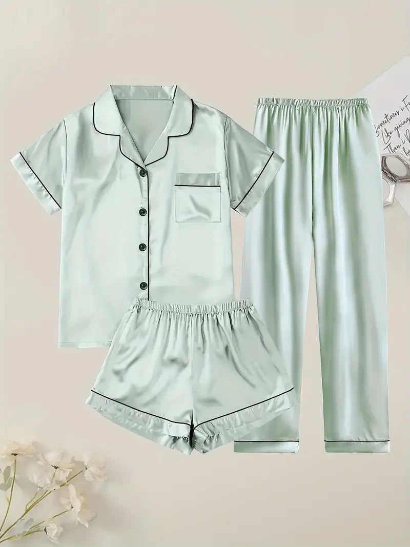 Women's Solid Satin Casual Pajama Set, Short Sleeve Buttons Lapel Top & Shorts & Pants, Comfortable Relaxed Fit