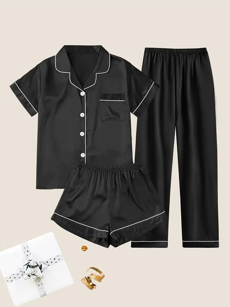 Women's Solid Satin Casual Pajama Set, Short Sleeve Buttons Lapel Top & Shorts & Pants, Comfortable Relaxed Fit