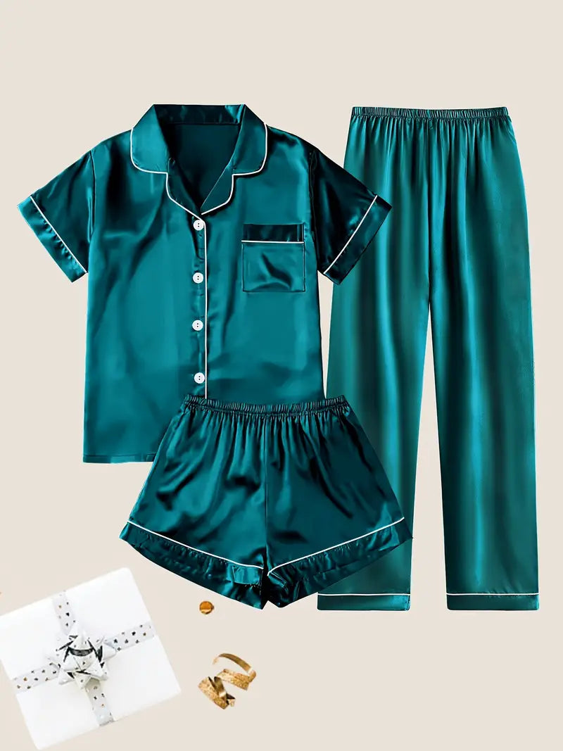 Women's Solid Satin Casual Pajama Set, Short Sleeve Buttons Lapel Top & Shorts & Pants, Comfortable Relaxed Fit