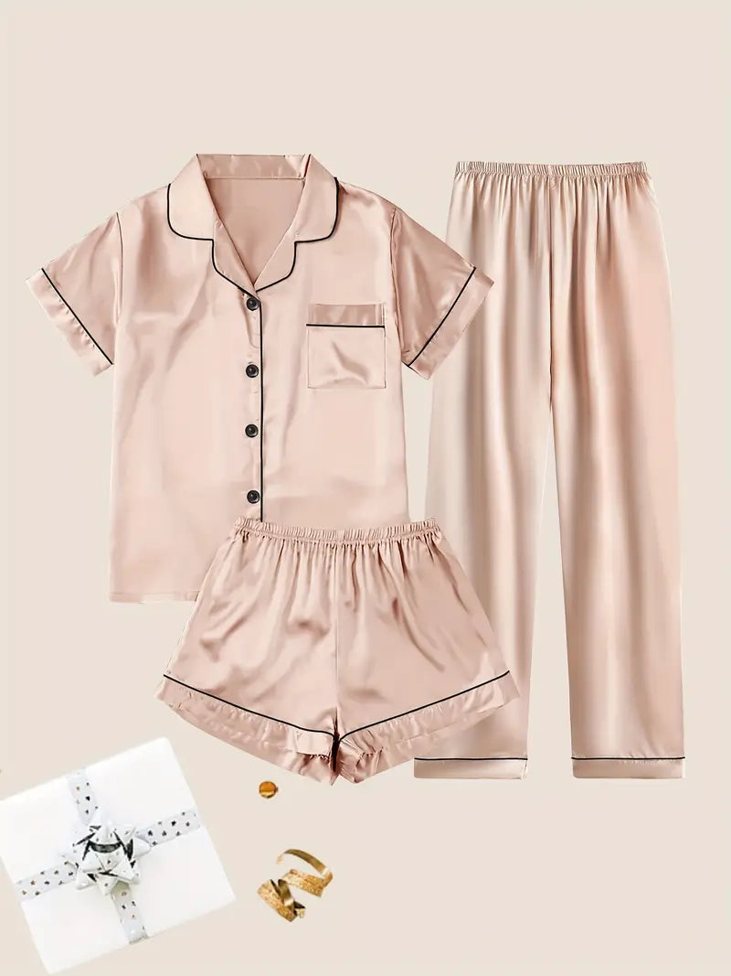Women's Solid Satin Casual Pajama Set, Short Sleeve Buttons Lapel Top & Shorts & Pants, Comfortable Relaxed Fit