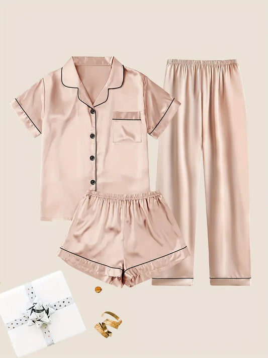 Women's Solid Satin Casual Pajama Set, Short Sleeve Buttons Lapel Top & Shorts & Pants, Comfortable Relaxed Fit