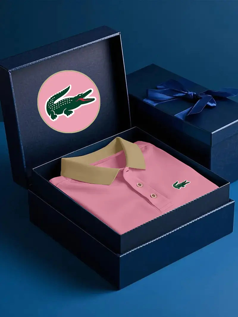 Men's Shirt - Pink & Golden Golf Tennis Shirt with Button-Front Placket, Formal presentation box