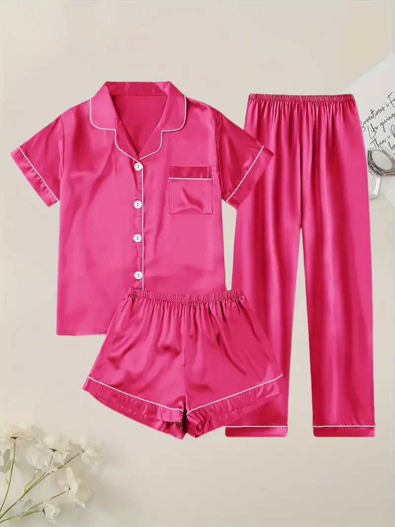 Women's Solid Satin Casual Pajama Set, Short Sleeve Buttons Lapel Top & Shorts & Pants, Comfortable Relaxed Fit